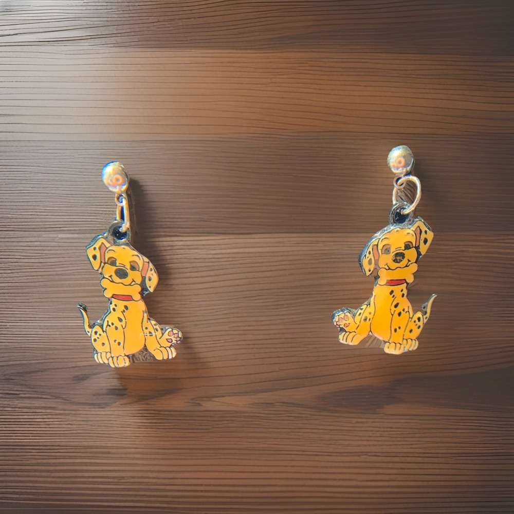 Vintage Disney 101 Dalmatians Earrings Dangle Holding Bone Puppy Dog